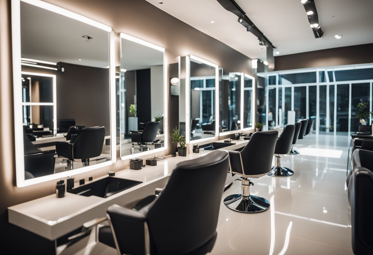 The salon is filled with sleek, modern furniture: comfortable chairs, stylish workstations, and elegant mirrors. The atmosphere is professional and inviting
