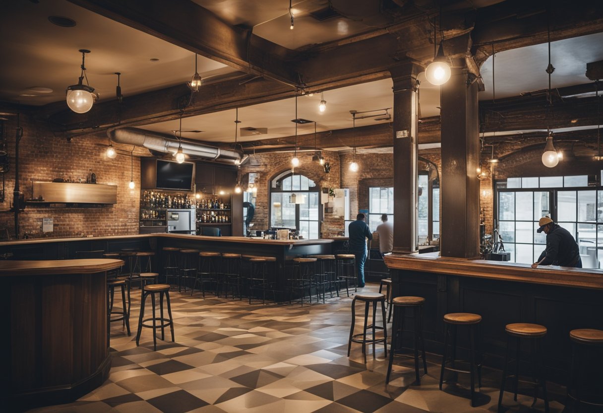 Old bar stripped down, workers painting walls, installing new fixtures, and laying down new flooring