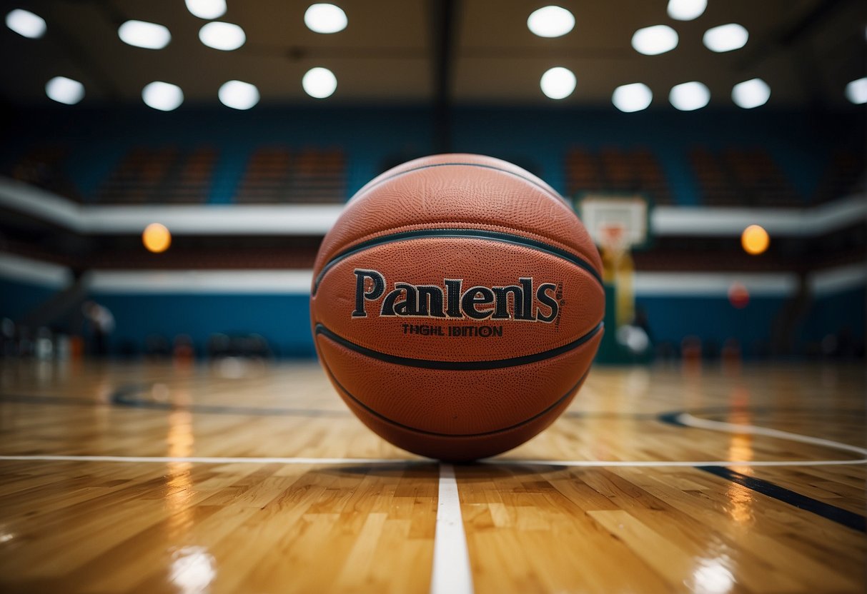 A basketball sits inflated to the correct psi level on a clean, indoor court, ready for a game