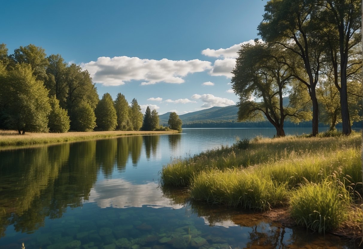 Affirmations For Confidence: A serene landscape with a clear blue sky, a calm body of water, and vibrant greenery, evoking a sense of peace and confidence