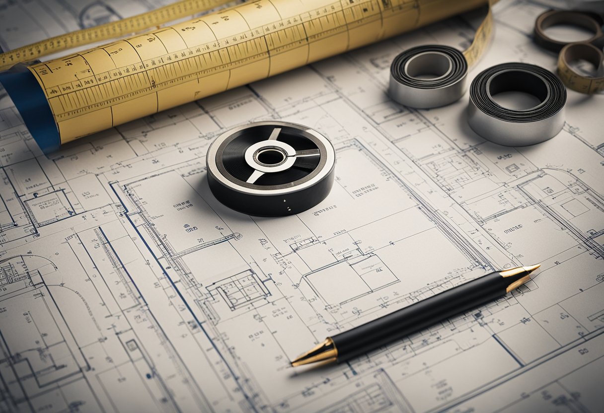 A blueprint laid out on a table with various design elements, materials, and tools scattered around. A tape measure and pencil sit nearby, ready for action