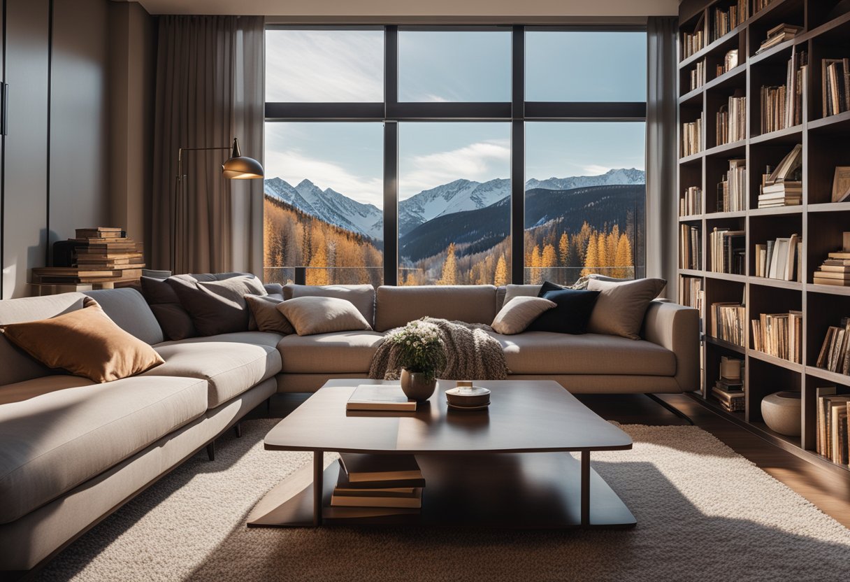 A cozy living room with a modern sofa, coffee table, and warm lighting. A bookshelf filled with books and a large window overlooking a snowy landscape