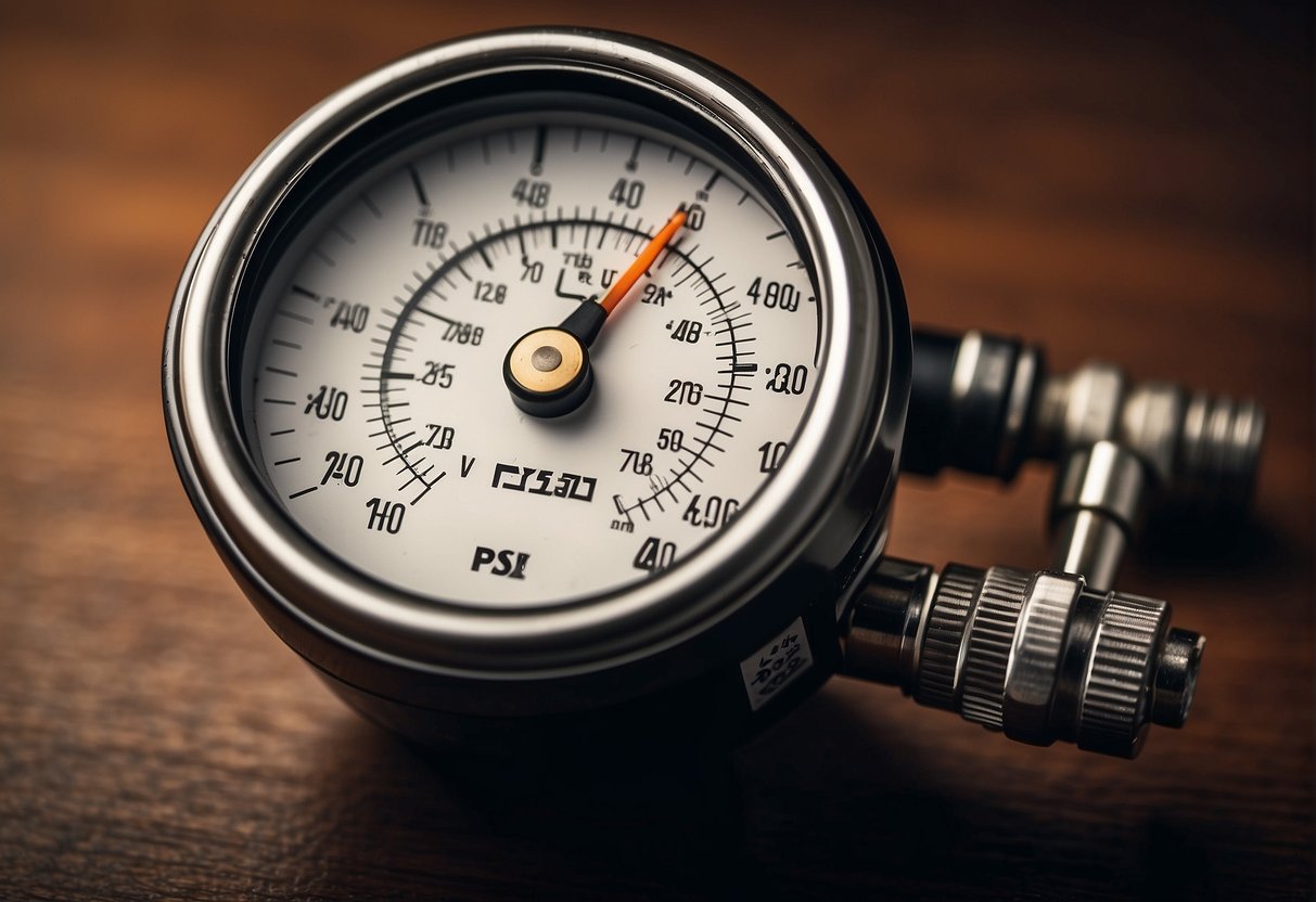A hand-held pressure gauge measures and adjusts the PSI of a basketball