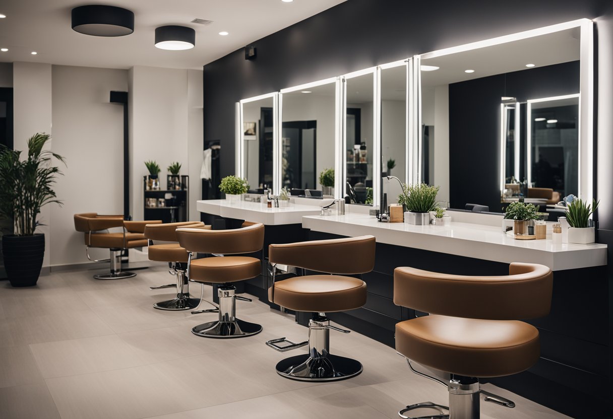 A modern hair salon with sleek, ergonomic furniture and a calming ambience. A stylish reception area welcomes clients, while comfortable styling chairs and well-lit mirrors create a professional atmosphere