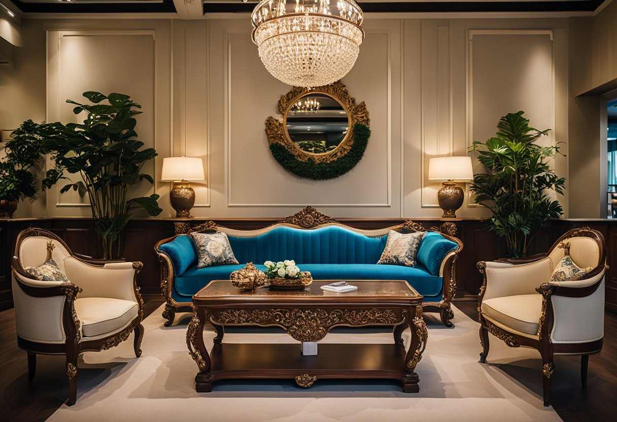 A cozy showroom displays ornate French style furniture in Singapore. Rich wood, intricate carvings, and luxurious upholstery create an elegant and timeless atmosphere