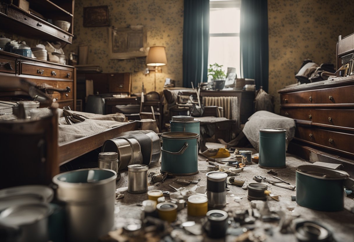 A cluttered bedroom with old furniture and peeling wallpaper. Paint cans and tools scattered around as a person measures and plans for a budget renovation