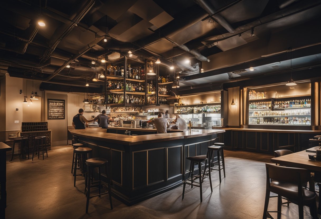 A bar under renovation with workers painting walls and installing new fixtures