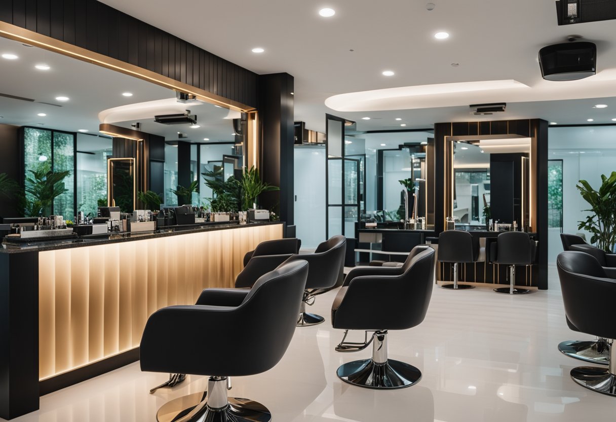 A modern hair salon in Singapore, with sleek furniture and stylish decor. A reception desk, comfortable chairs, and mirrors create a welcoming atmosphere
