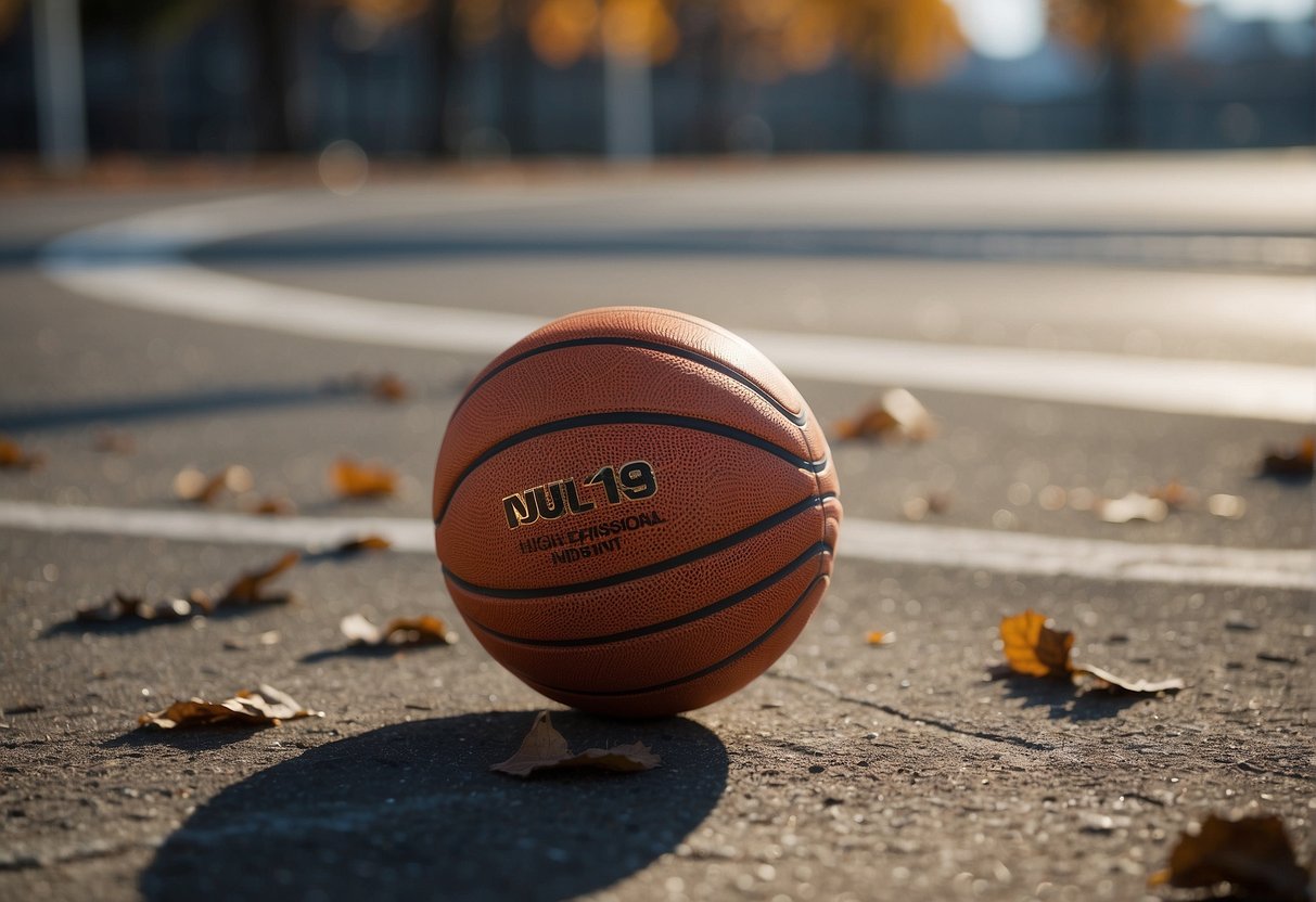 The basketball sits deflated on a cold, outdoor court. The wind blows leaves across the cracked surface, while the sun beats down, causing the rubber to expand and contract