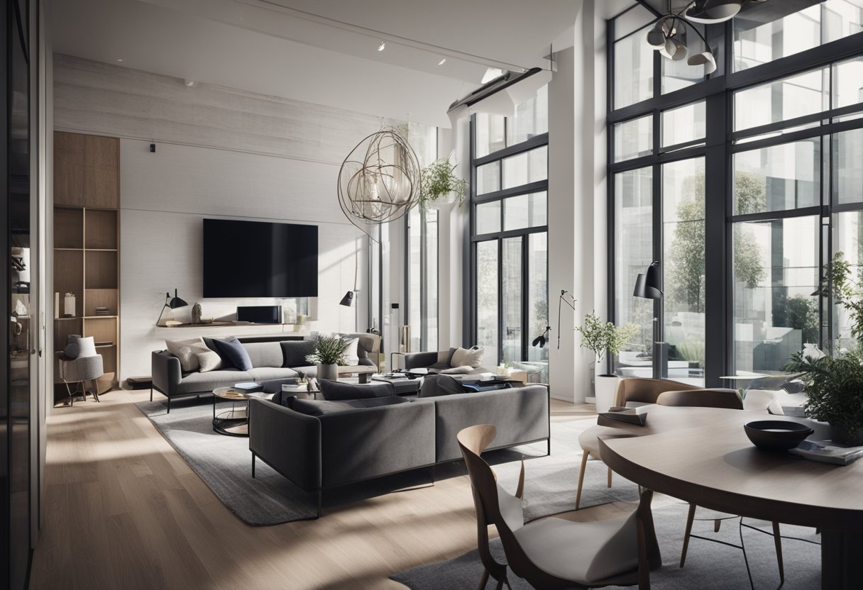 A blueprint of a modern apartment with open floor plan, large windows, and sleek finishes. A mood board with design inspiration, and a contractor discussing plans with the homeowner