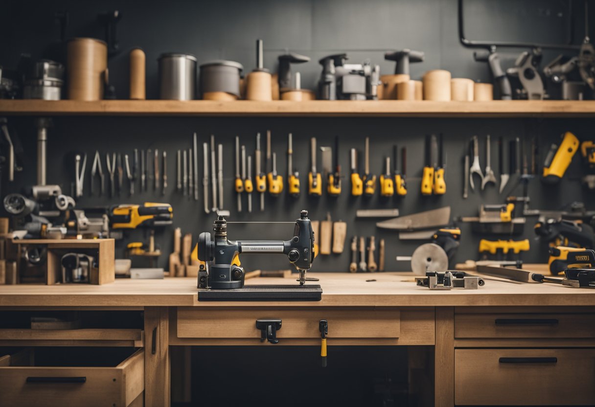 A well-lit workshop with shelves of neatly organized furniture fittings, tools laid out on a workbench, and a craftsman measuring and cutting materials