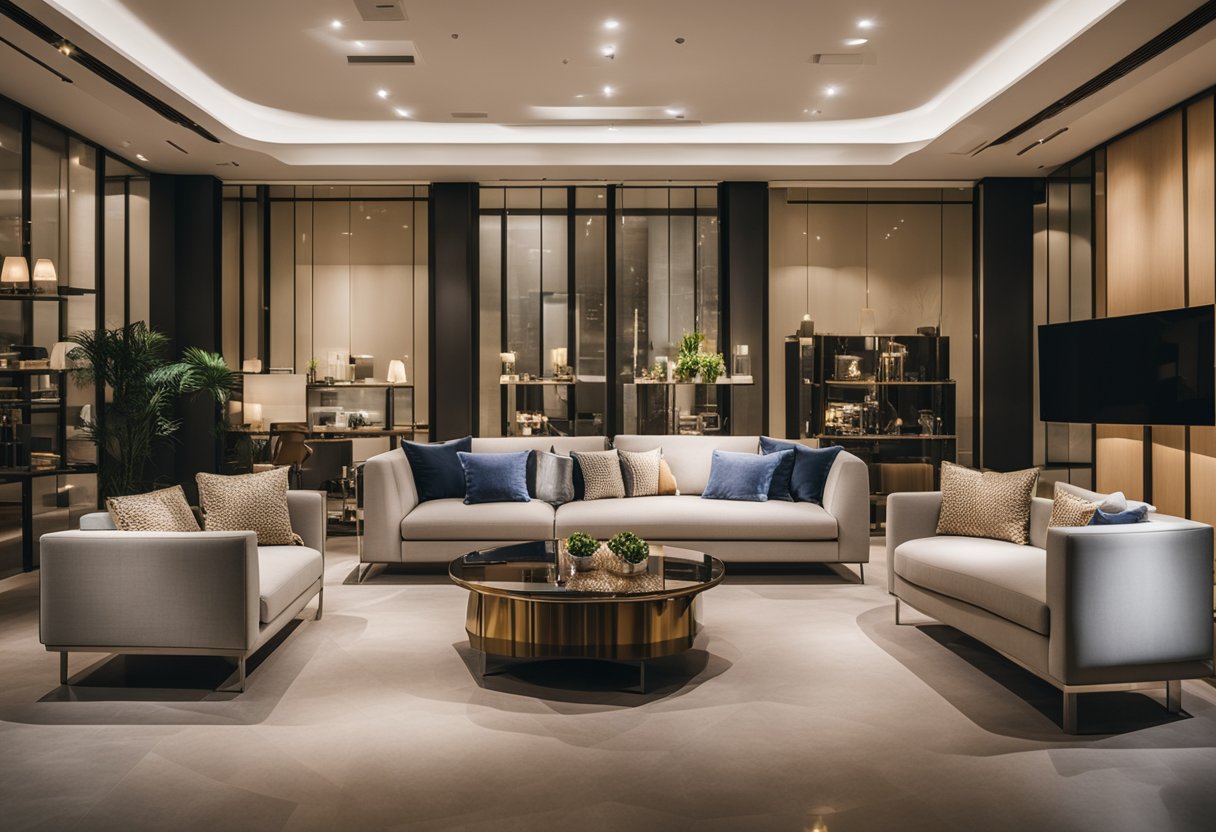 A well-lit showroom with various furniture fittings neatly displayed in Singapore
