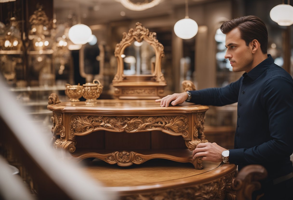 A customer carefully examines a beautifully carved French-style furniture piece in a showroom, surrounded by elegant decor and soft lighting