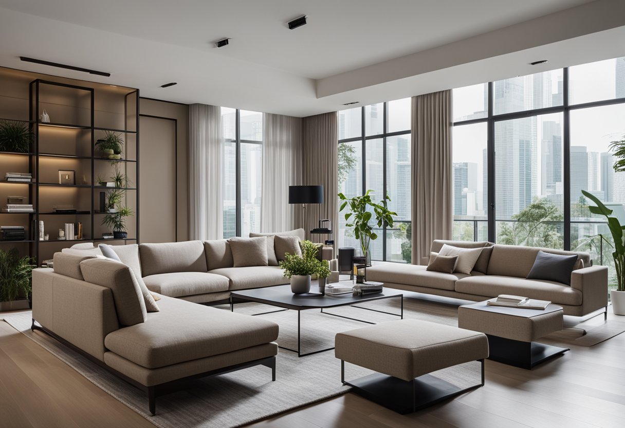 A modern living room with sleek, minimalist furniture from Bene Singapore, featuring clean lines and a neutral color palette