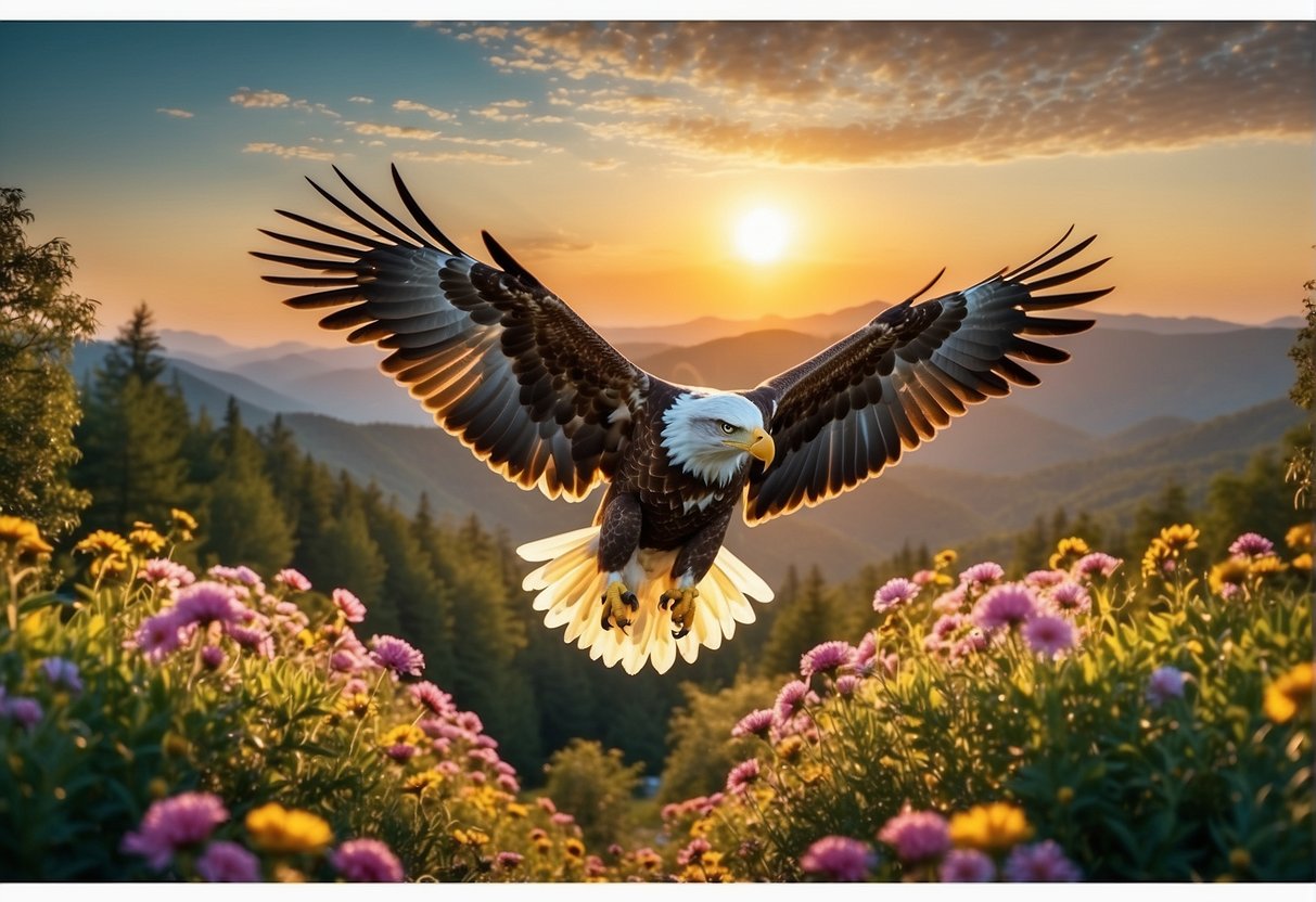Affirmations For Confidence: A bright sun rises over a serene landscape, with colorful flowers and lush greenery. A confident eagle soars high in the sky, while positive affirmations float in the air