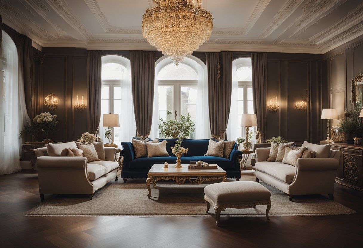 A cozy living room with elegant French-style furniture, including a plush sofa, ornate coffee table, and antique chandelier. Rich fabrics and intricate details create a luxurious yet inviting atmosphere