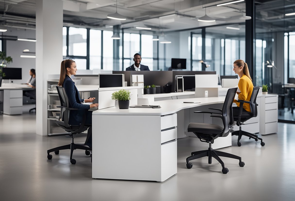 Employees interact with modern, ergonomic office furniture in a spacious, brightly lit environment featuring innovative design solutions
