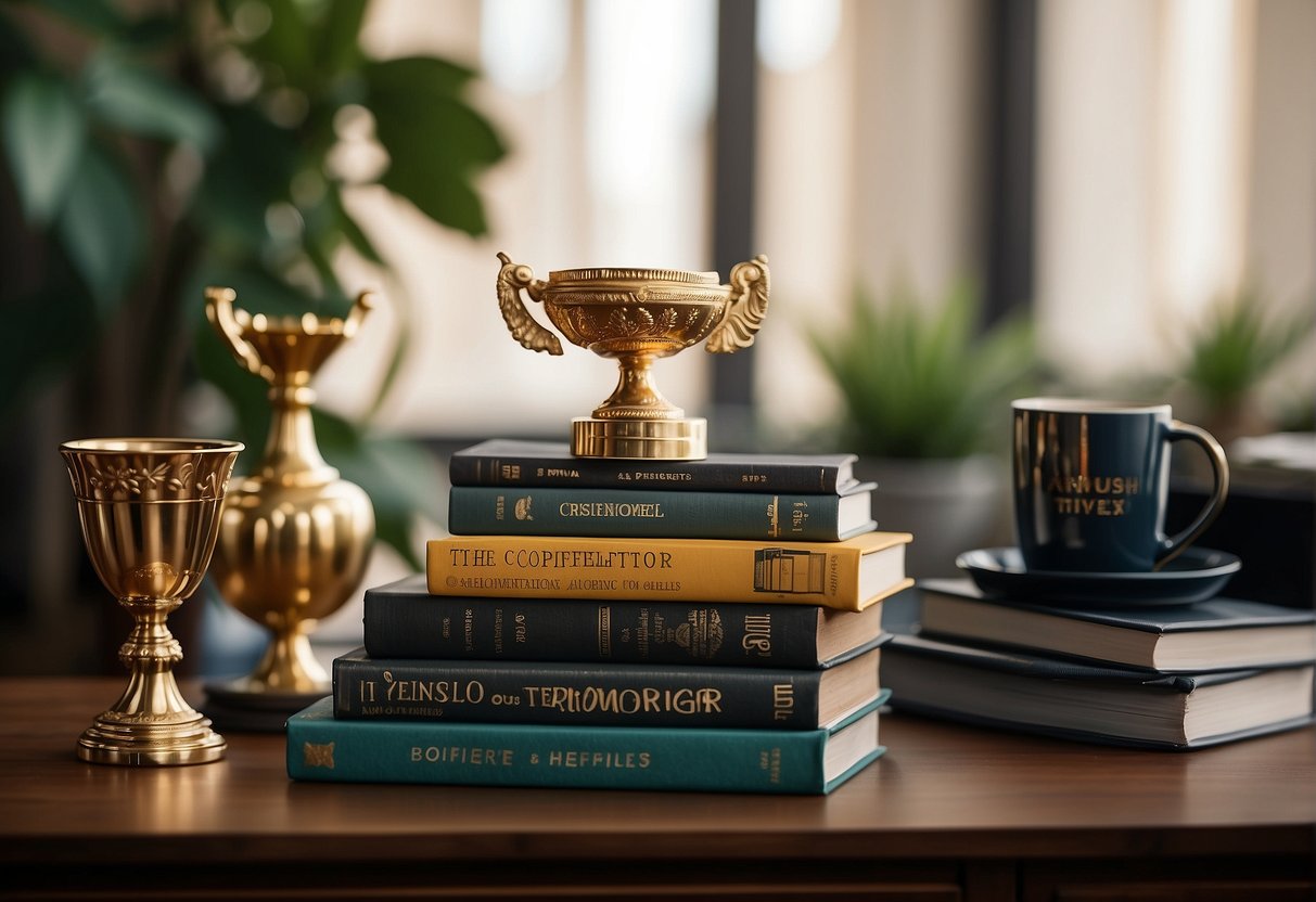 Affirmations For Confidence: A stack of affirmations on a desk, with a confident and bold font, surrounded by motivational objects like a trophy and a success chart