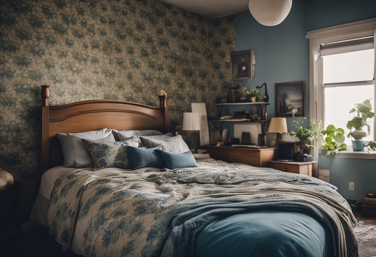 A cluttered bedroom with peeling wallpaper, mismatched furniture, and outdated decor. Budget-friendly renovation supplies are stacked in a corner, including paint, brushes, and new bedding