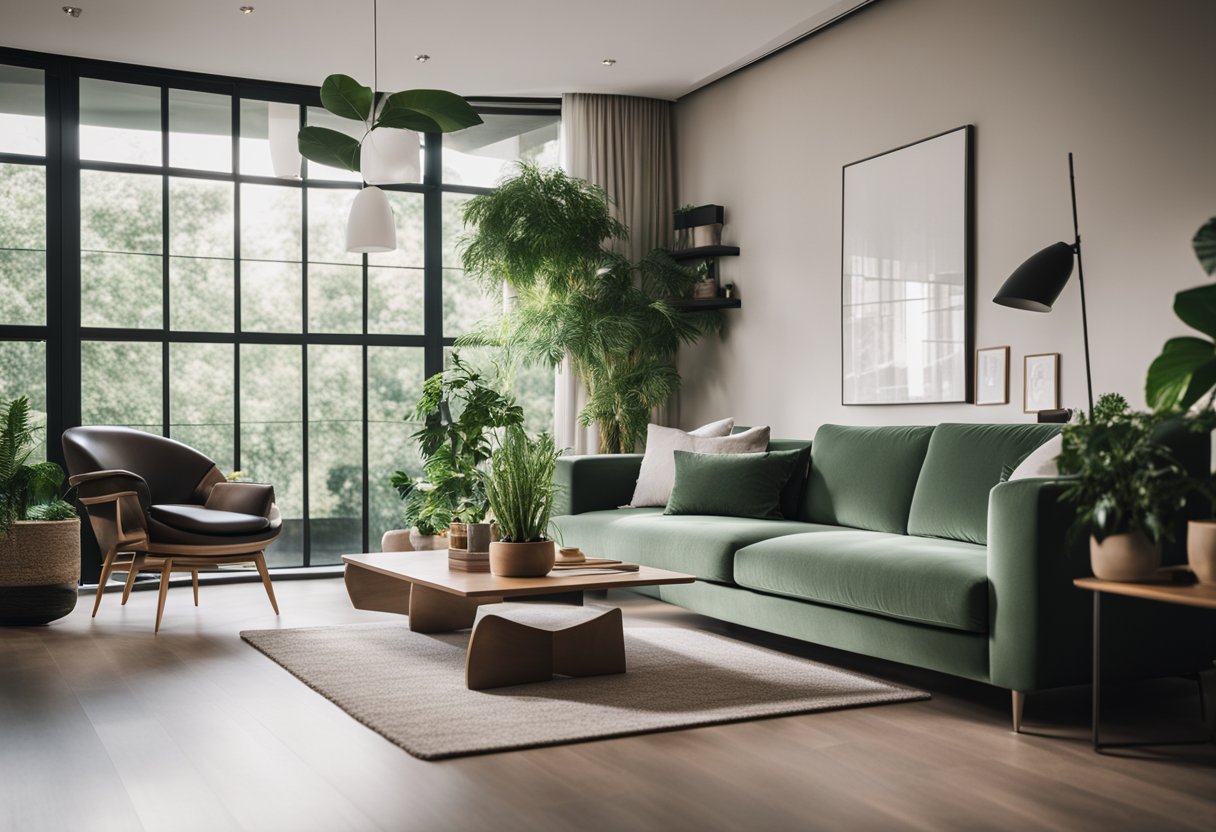 A modern living room with sleek Bene furniture, soft lighting, and lush green plants creating a cozy, stylish atmosphere