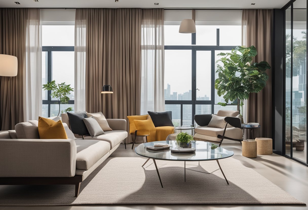 A modern living room with XZQT furniture in Singapore. Bright natural light, sleek design, and clean lines create a minimalist yet cozy atmosphere