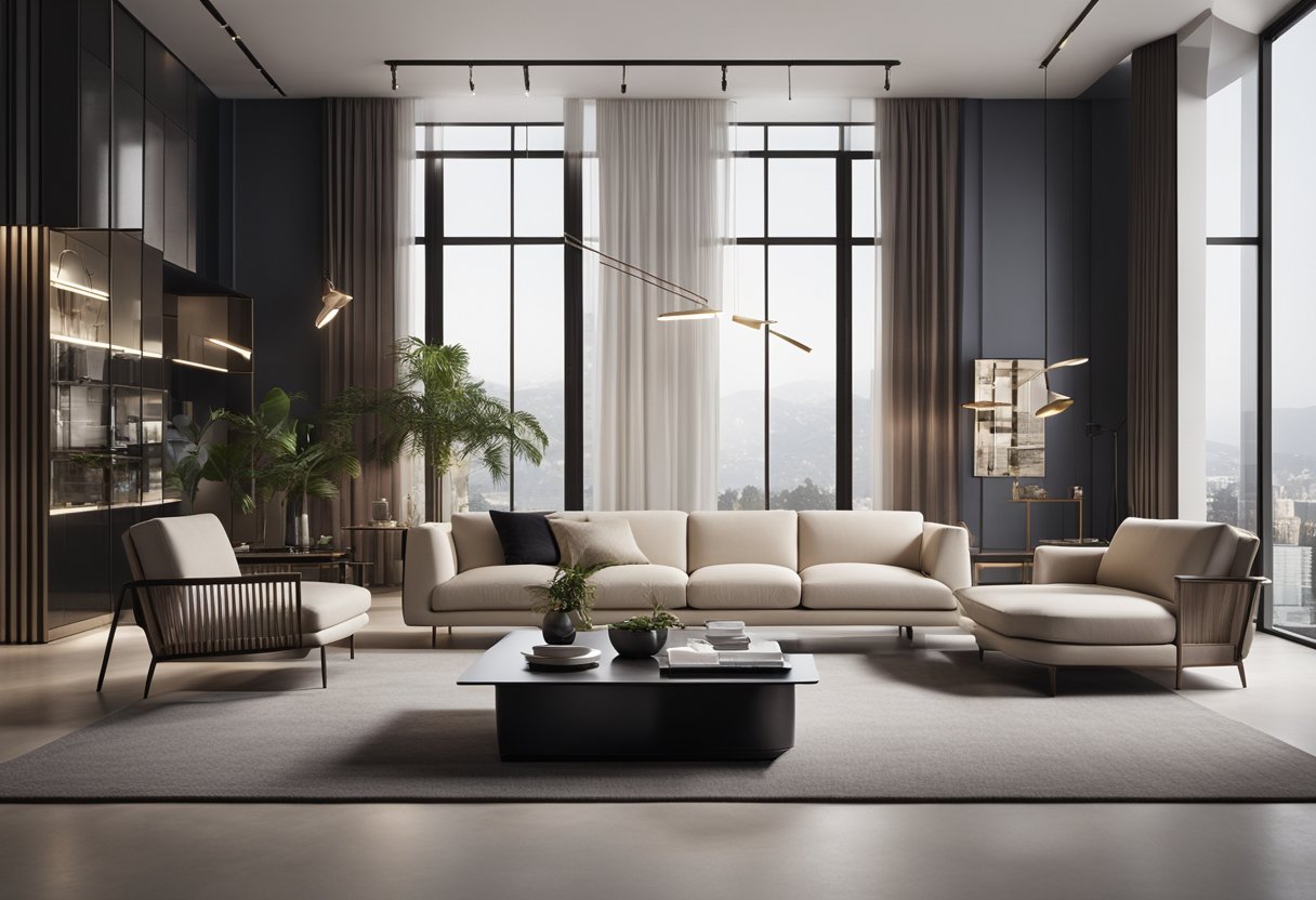 A modern interior with sleek Italian furniture from XZQT, featuring clean lines and luxurious materials, set against a backdrop of minimalist design and soft ambient lighting
