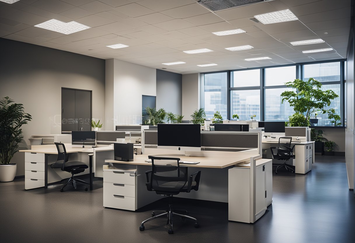 A bright, evenly-lit office space with adjustable lighting to accommodate varying tasks and promote employee comfort and productivity