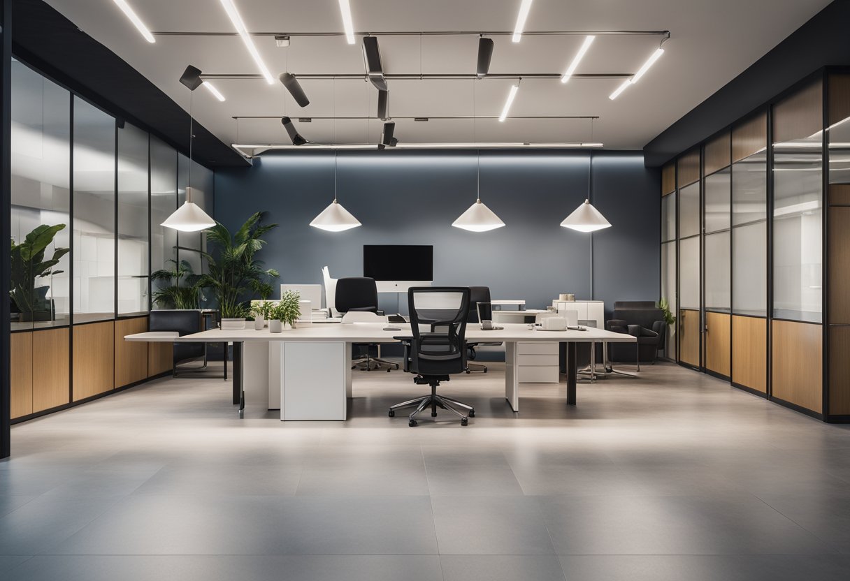 A bright office with evenly distributed lighting, featuring overhead fixtures and wall sconces. The space is well-lit and inviting, with a modern and professional ambiance