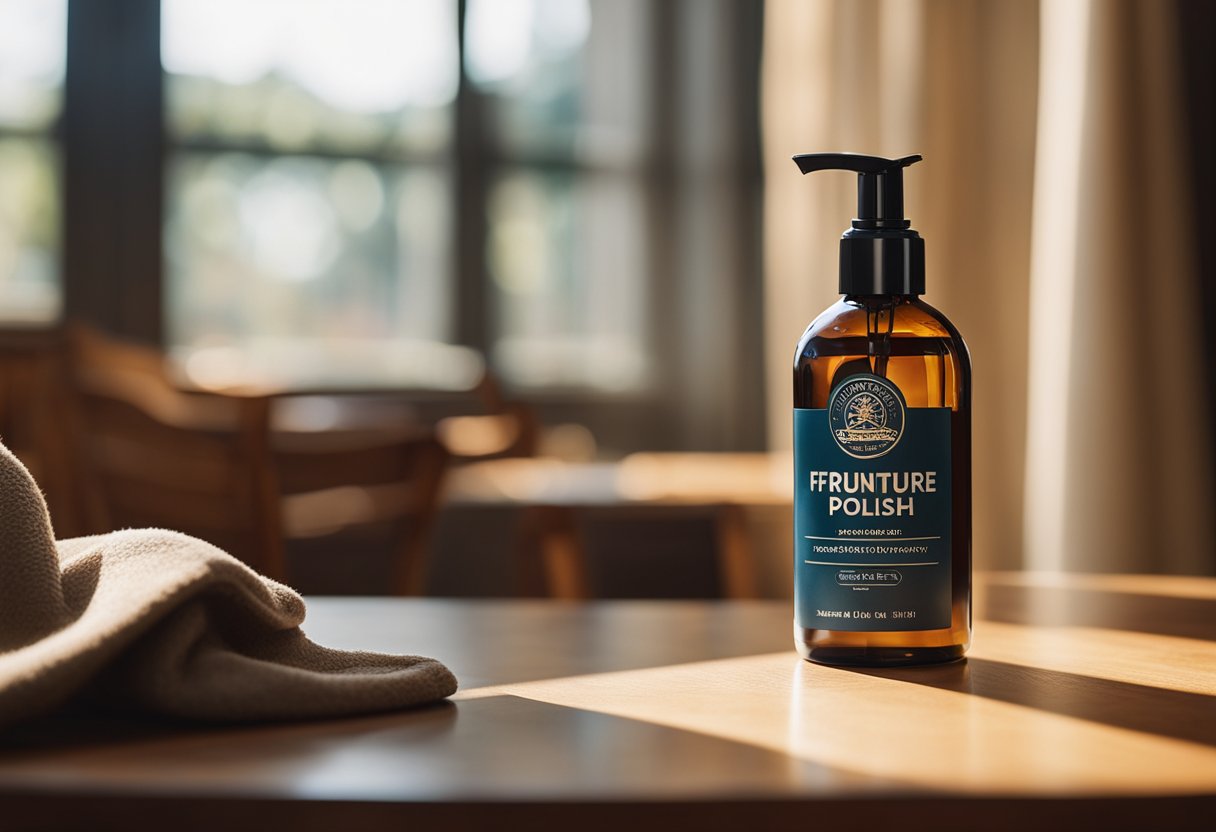 A bottle of furniture polish sits on a wooden table next to a soft cloth and a polished wooden chair. Sunlight streams through a nearby window, casting a warm glow on the scene