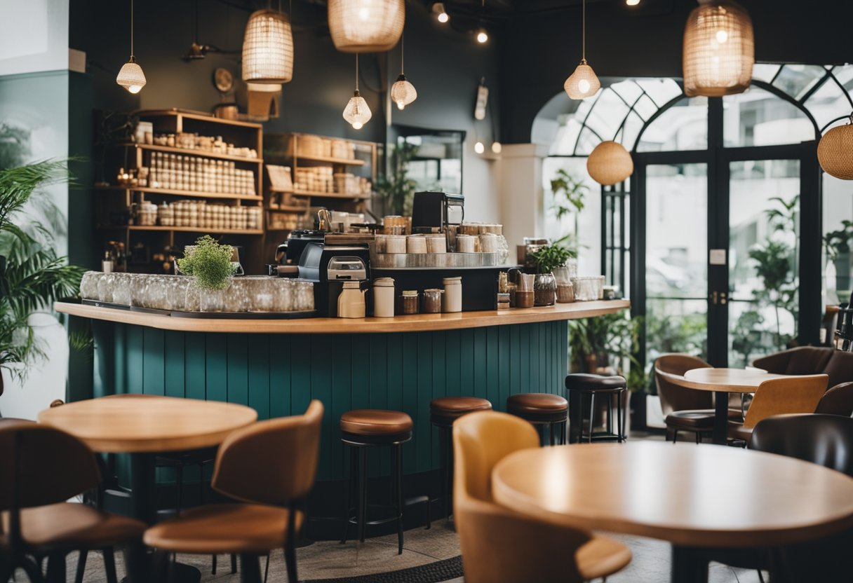 A cozy coffee shop in Singapore with vintage furniture, retro decor, and a laid-back atmosphere