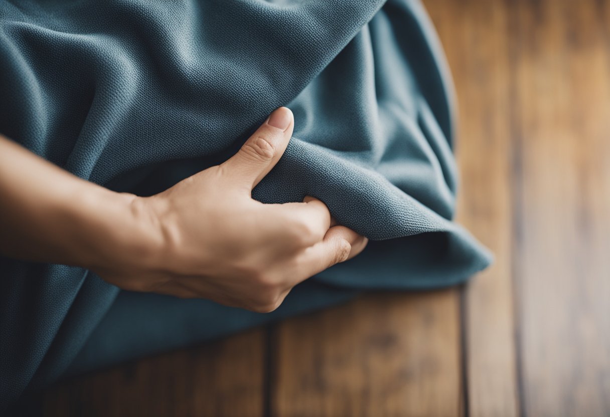 A hand holding a cloth applies furniture polish to a wooden surface, creating a lasting shine