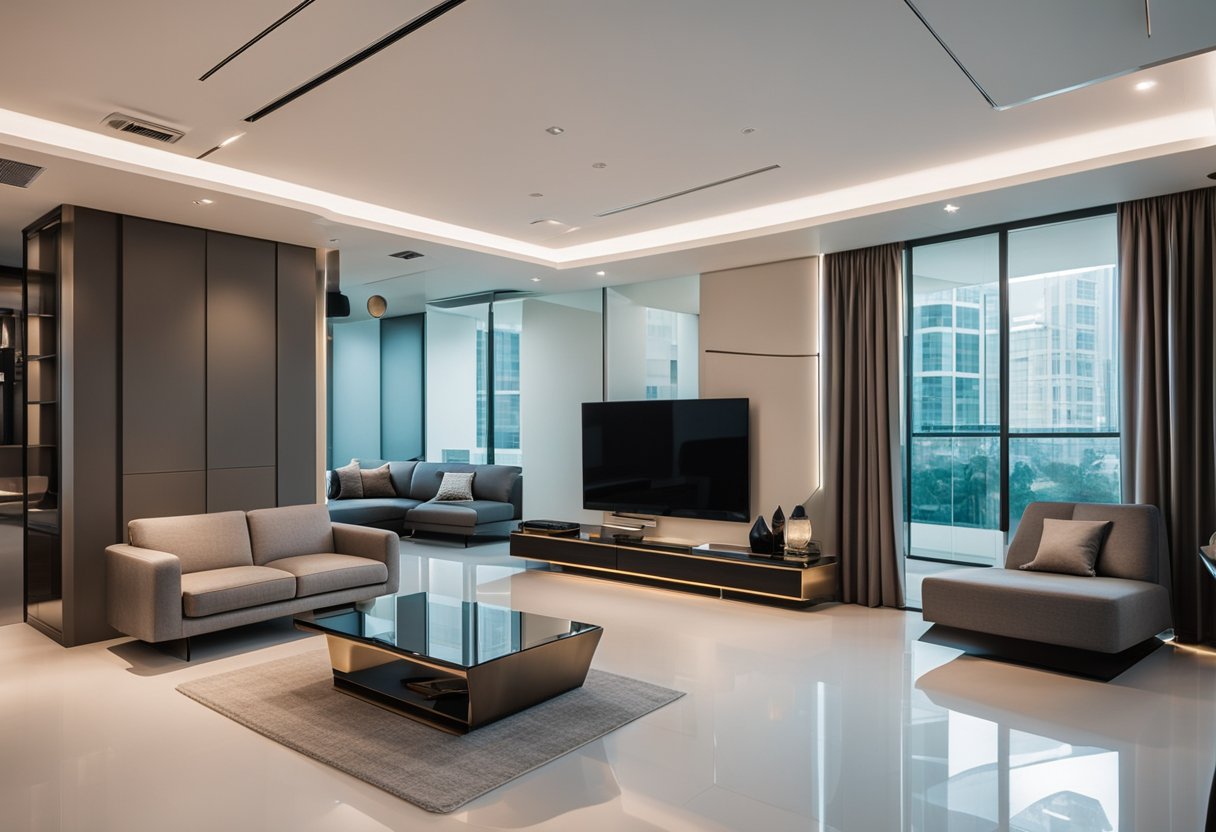 Sleek, minimalist furniture in a futuristic Singapore apartment. Clean lines, metallic finishes, and innovative designs