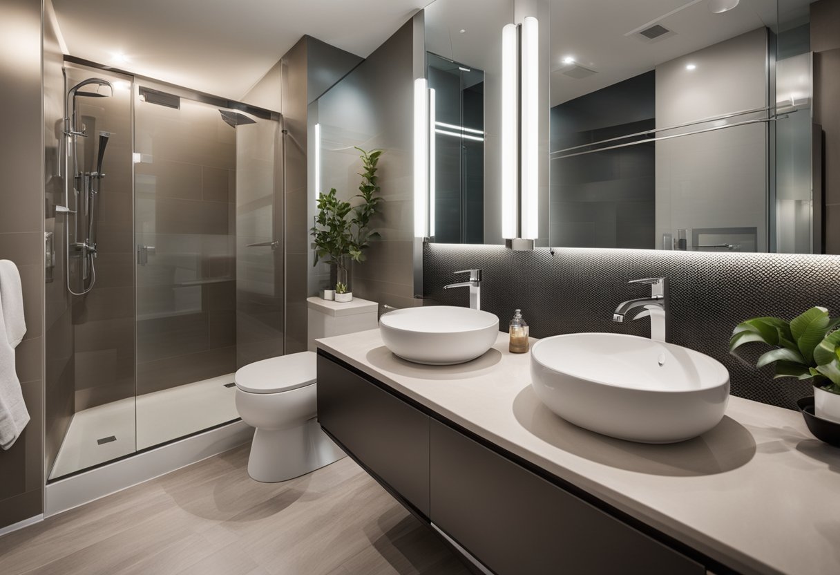 A modern condo bathroom being renovated, with new tiling, fixtures, and lighting