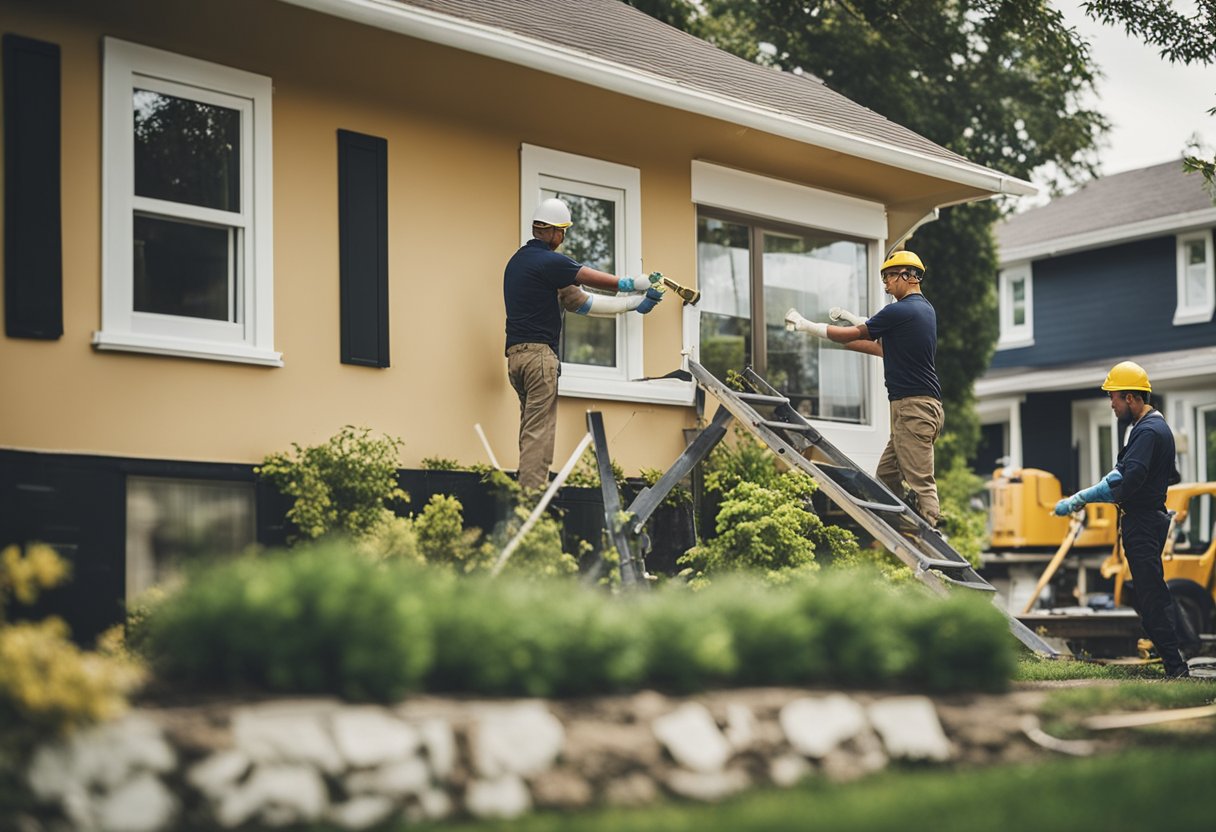 A bungalow being renovated with workers painting, installing new windows, and landscaping the front yard