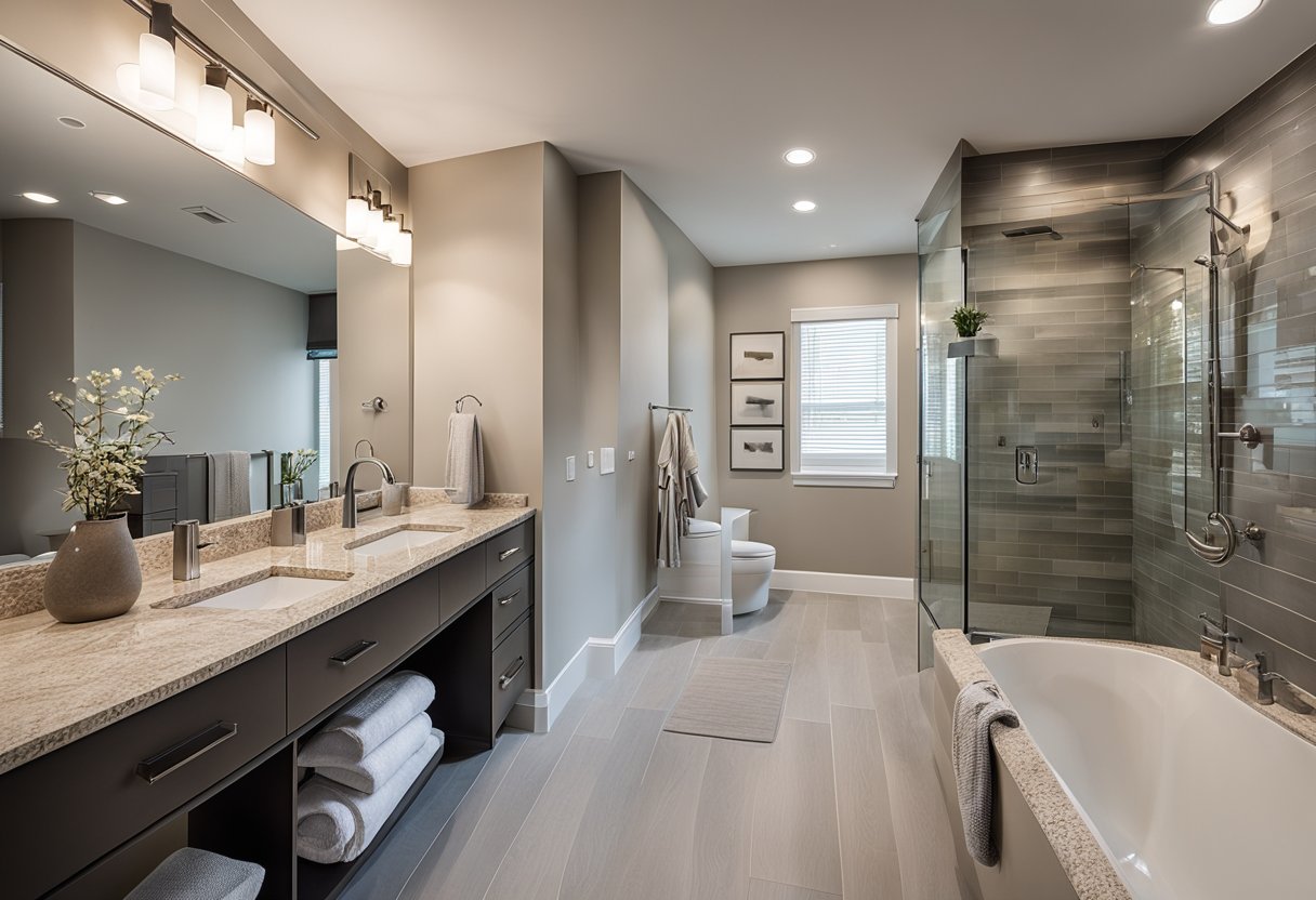 A modern condo bathroom with sleek fixtures and neutral color palette. Renovation costs displayed in a clear, organized format