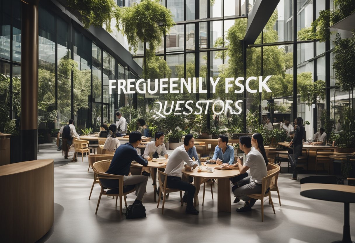 A table surrounded by people, with a sign reading "Frequently Asked Questions" and the Bene Furniture Singapore logo