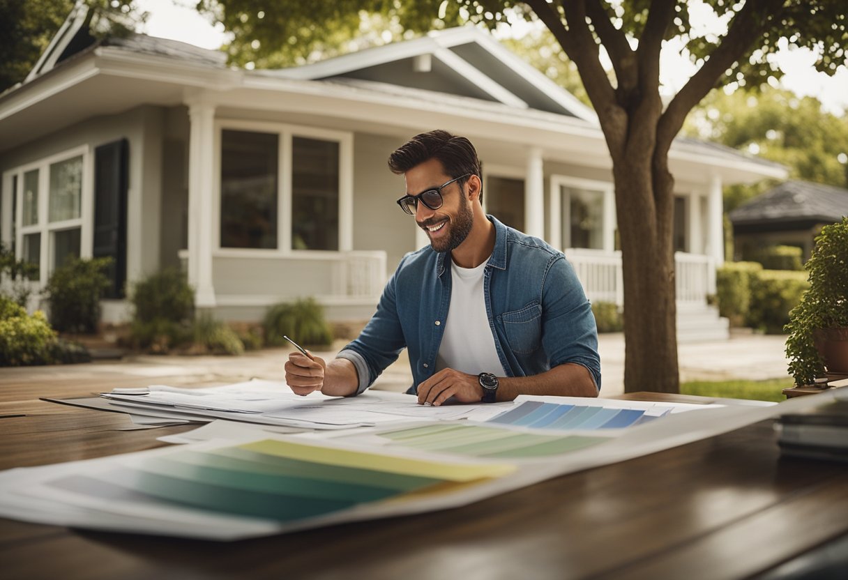 A bungalow sits on a tree-lined street. A contractor reviews plans and cost estimates, while a homeowner looks over paint swatches and flooring samples