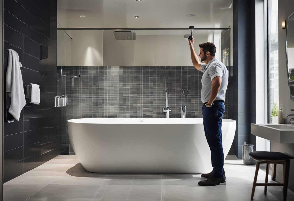 A contractor measuring a modern condo bathroom for renovation cost estimation