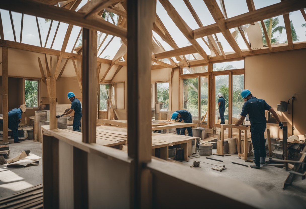 A bungalow undergoes renovation, with workers and tools in action