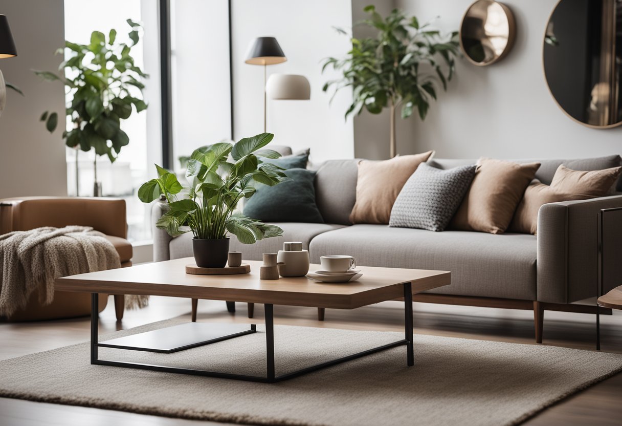 A cozy living room with modern, minimalist furniture, soft lighting, and potted plants. A sleek coffee table and a comfortable, stylish sofa complete the scene