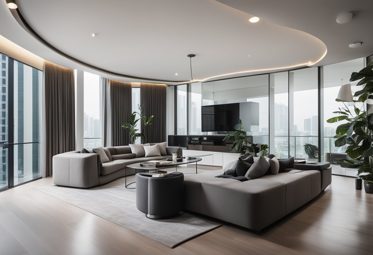 A sleek, minimalist living room with futuristic furniture in Singapore. Clean lines, metallic accents, and innovative designs create a modern and stylish space
