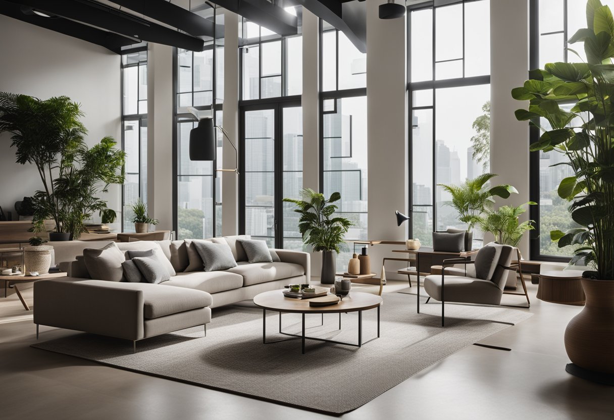 A modern living room with sleek, minimalist furniture from Haus Furniture Singapore. Clean lines, neutral colors, and natural light streaming in through large windows