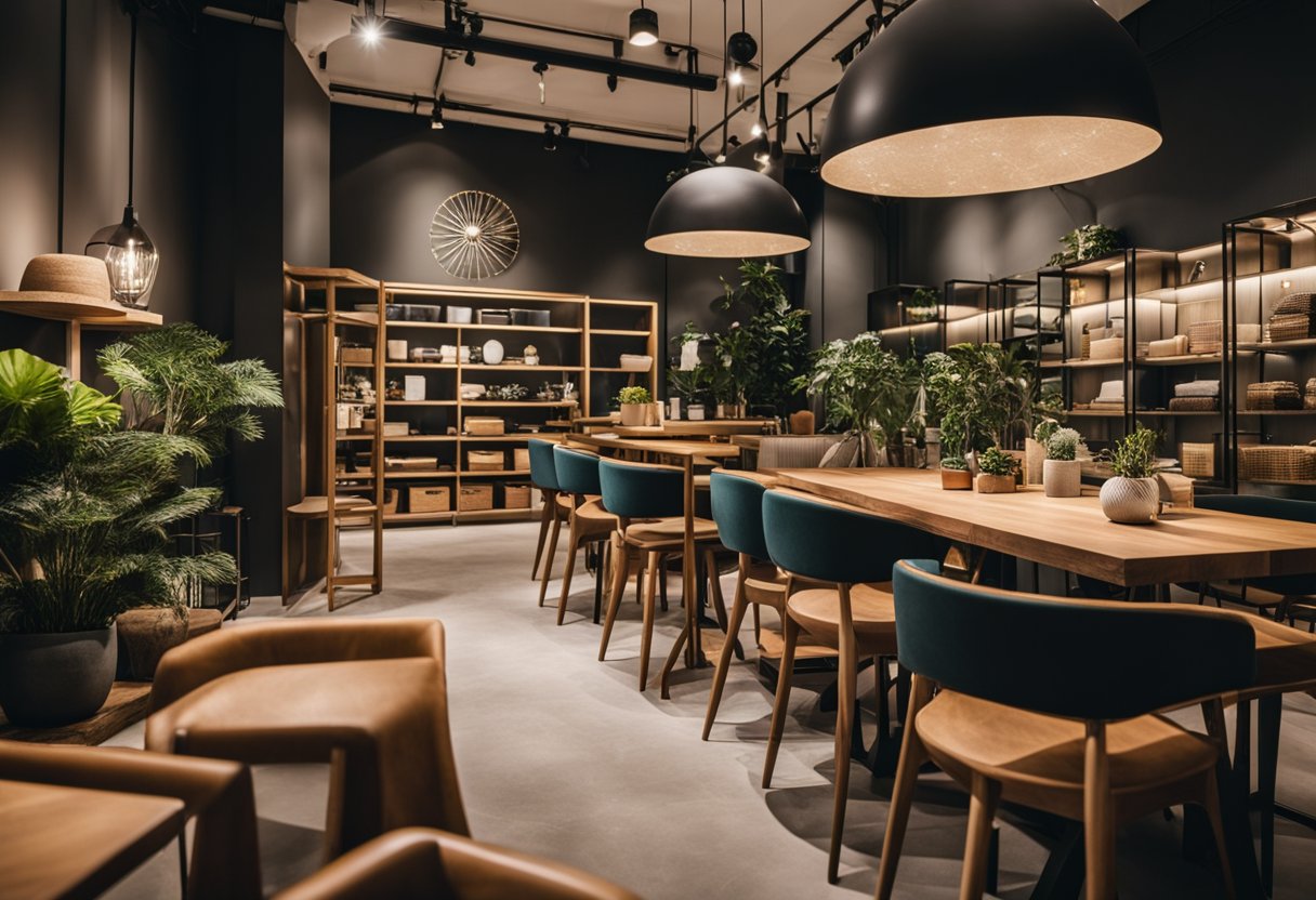 A cozy hipster furniture store in Singapore with modern, minimalist designs and a warm, inviting atmosphere. Displayed items include trendy chairs, tables, and unique decor pieces