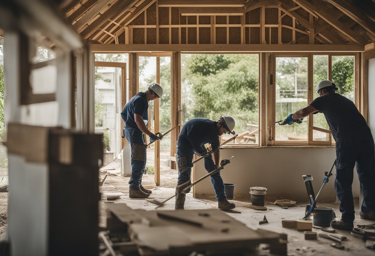 A bungalow undergoes renovation, with workers measuring, sawing, and painting. Materials and tools are scattered around the site