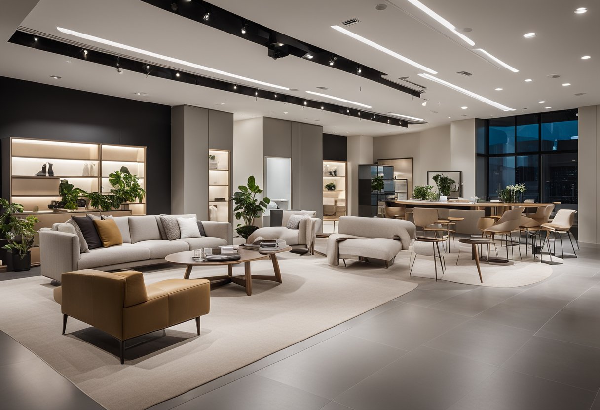 A modern, spacious showroom with sleek furniture displays. Clean lines, neutral colors, and natural light create a serene atmosphere