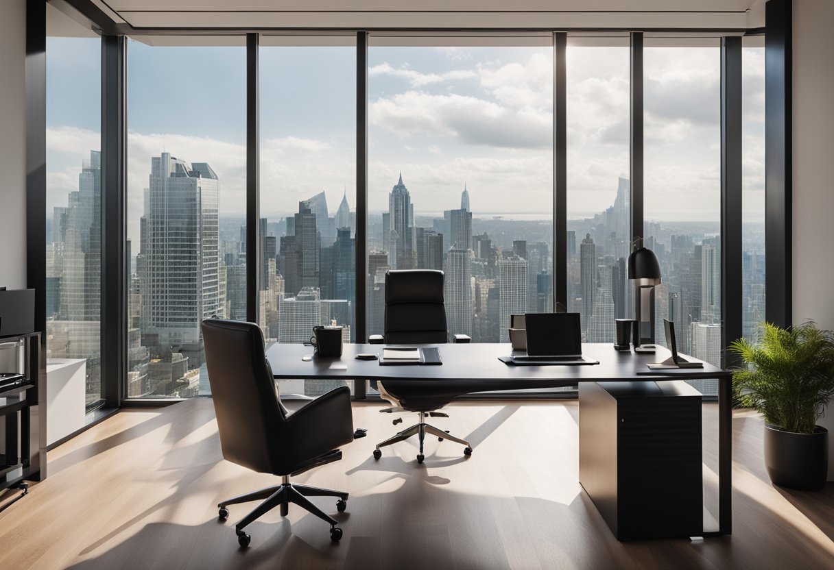 The small CEO office features a modern desk, leather chair, bookshelves, and a large window with city views