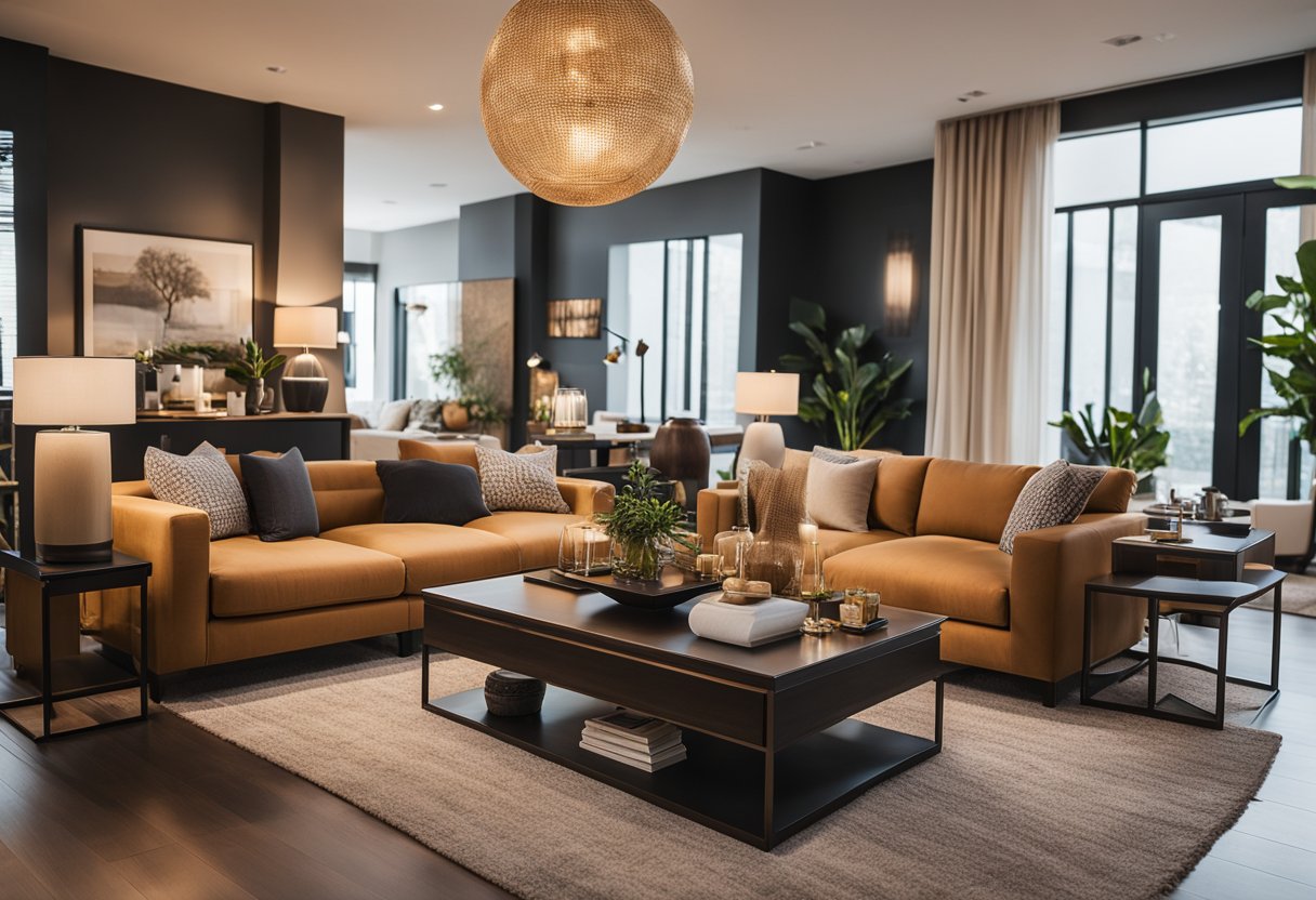 A cozy living room with custom furniture, a warm color scheme, and soft lighting, creating a welcoming and personalized atmosphere for customers