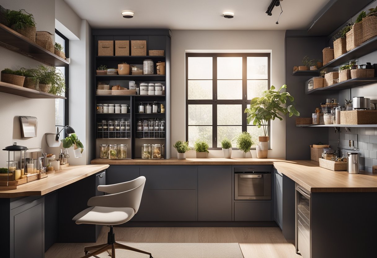 The small office pantry features a compact layout with open shelving, a mini fridge, and a coffee station. Natural light streams in through a window, illuminating the cozy space