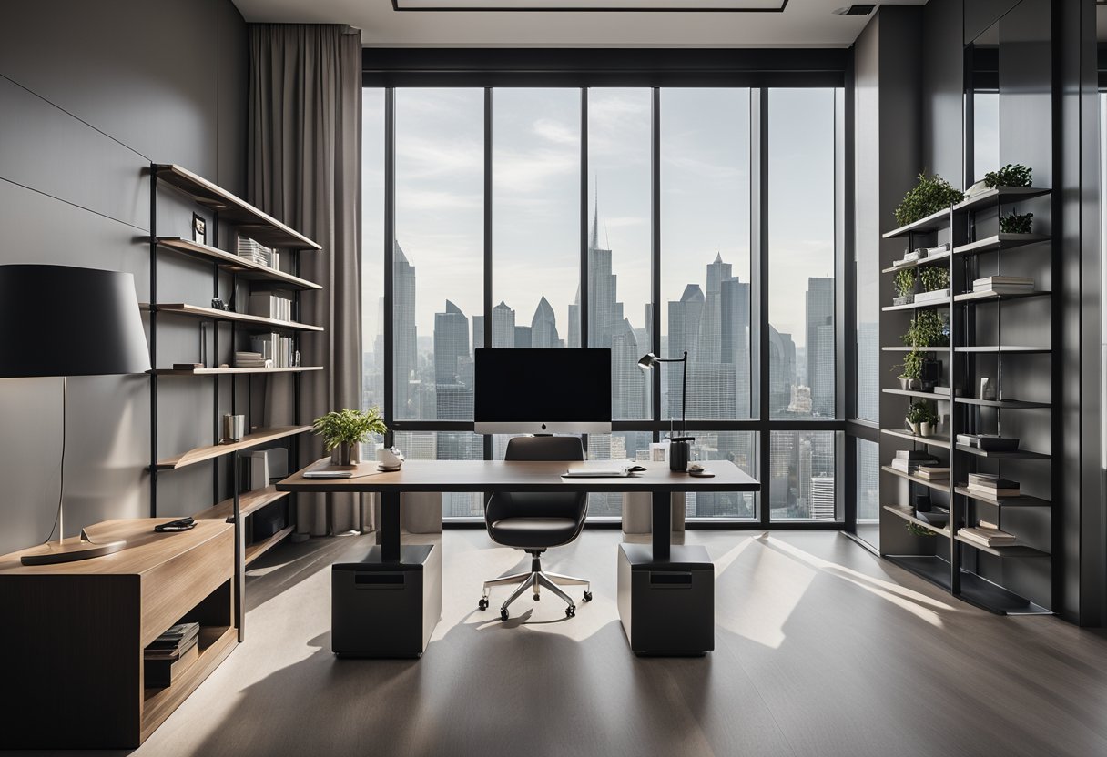A small CEO office with a sleek desk, modern chair, bookshelves, and a large window with city views. Minimalist decor and neutral colors create a professional and focused atmosphere