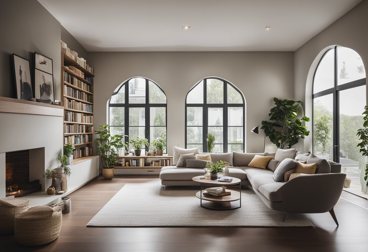 A cozy living room with modern furniture, a sleek coffee table, and a comfortable sofa. A bookshelf filled with books and decorative items. A large window with natural light streaming in